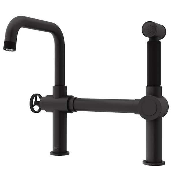 VIGO Cass Single-Handle High-Arc Widespread Bridge Kitchen Faucet with Pull-Out Side Sprayer in Matte Black