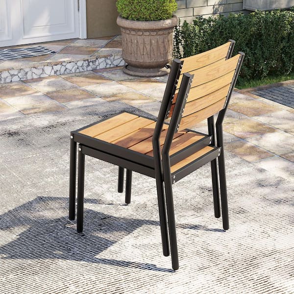Black Stackable Armless Aluminum Patio Outdoor Dining Chair in Brown (Set of 2)