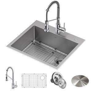 Loften All-in-One Dual Mount Drop-In Stainless Steel 25in. Single Bowl Kitchen Sink with Pull Down Faucet in Chrome