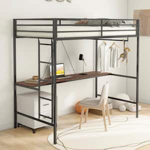 Ferna Ladder Twin Loft Bunk Bed with Desk, Metal, Black Cinnamon