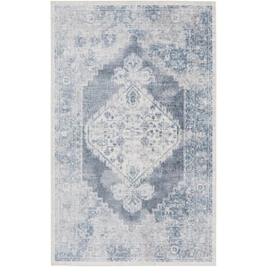 Astra Machine Washable Blue/Ivory Doormat 2 ft. x 4 ft. Vintage Persian Kitchen Area Rug