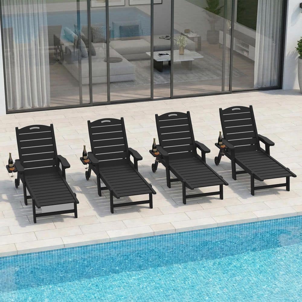 Black HDPE 5-Position Adjustable Outdoor Patio Chaise Lounge Recliner with Cup Holder for Pool Beach Deck Yard(Set of 4) price history on PriceWatchPro