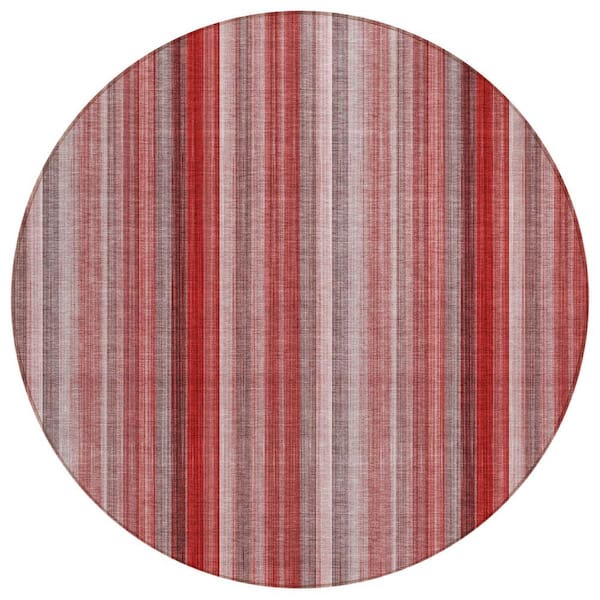 HomeRoots Gray Pink and Red 8 ft. Round Woven Striped Round Indoor/Outdoor Area Rug