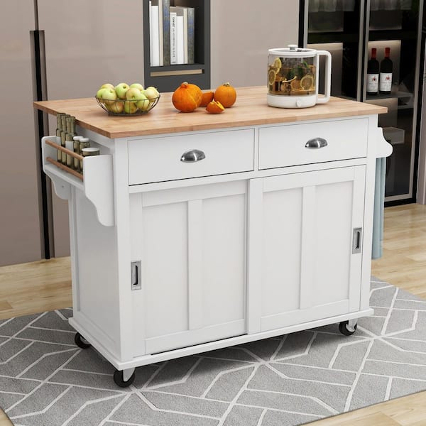 Ximuprmy White Wood 52 in. Kitchen Island with Drop-Leaf, Concealed Sliding Barn Door and 2 Drawers for Kitchen and Dining Room
