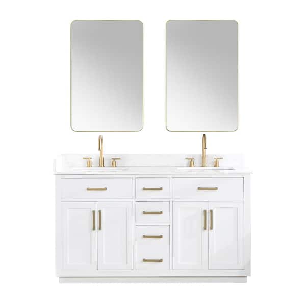 Altair Gavino 60 in. W x 22 in. D x 34 in. H Double Sink Bath Vanity in White with White Composite Stone Top and Mirror