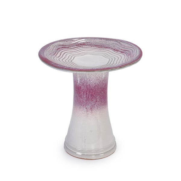 17 in. Ceramic Pink Elegant Tall Outdoor Bird Bath with Swirl Pattern