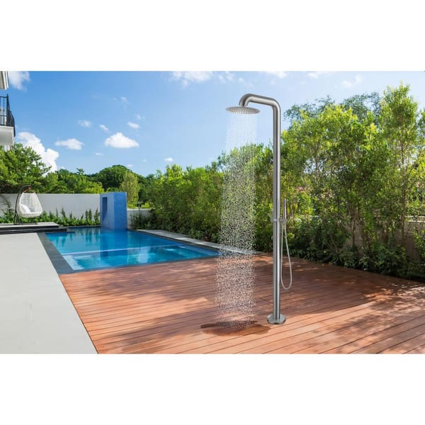 89 in. H 2-Handle 2-Spray Outdoor Freestanding Shower Faucet Kit Floor Mount Shower Kit with Hand Shower Brushed Silver