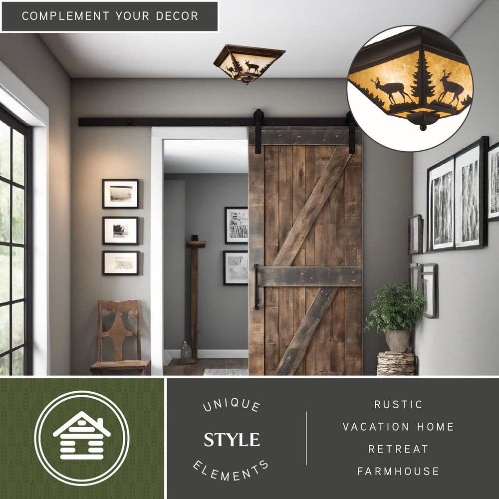 Burnished Bronze Rustic Deer Flush Mount Ceiling Light with Tiffany Glass