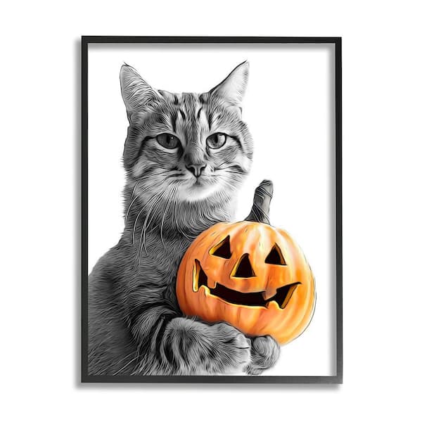 Stupell Industries Cat and Jack-o-Lantern by Annalisa Latella 1 Piece Framed Graphic Print Animal Poster Art Print 30 in. x 24 in.