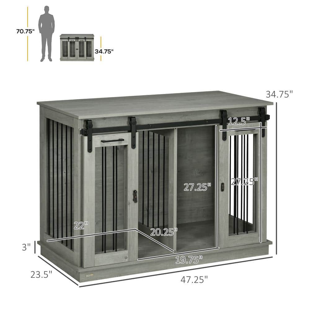 Large Gray Wood and Metal Dog Crate Table with Divider