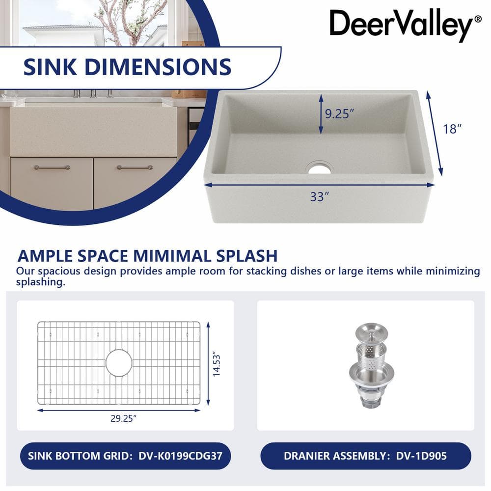 Grit Yellow 33" Concrete Farmhouse Kitchen Sink with Stainless Steel Grid