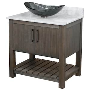 Ocean Breeze 31 in. W x 22 in. D x 31 in. H in Cafe Mocha w/Carrara White Marble Top and Gray Vessel Sink