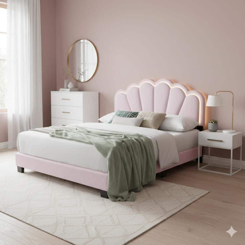 Benjara Madsy Pink and Black Wood Frame Full Platform Bed with