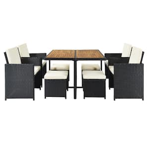 9-Piece PE Wicker Patio All-Weather Outdoor Dining Table Set with 8 Black RattanplusBeige Cushions and Wood Tabletop
