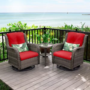 3-Piece Wicker Patio Swivel Outdoor Rocking Chair Set with Red Cushions and Table