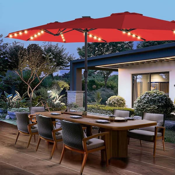 PASAMIC 15 ft. Solar LED Patio Market Umbrella Double-Sided Outdoor Umbrella, UV Protection with Crank Handle and Base Burgundy