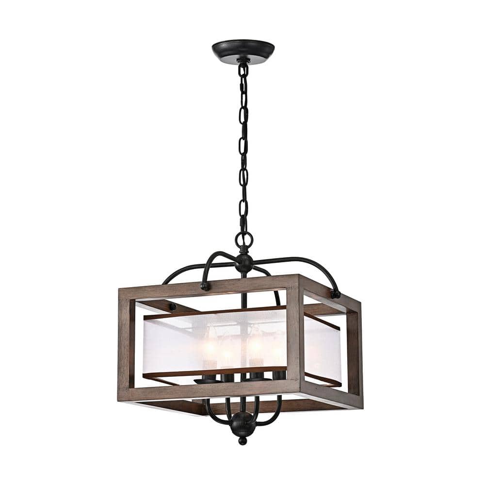 Ellen 16 in. W Antique Black 4-Lights Metal Natural Wood Chandelier with Fabric Shade price history on PriceWatchPro