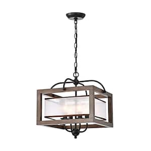 Ellen 16 in. W Antique Black 4-Lights Metal Natural Wood Chandelier with Fabric Shade