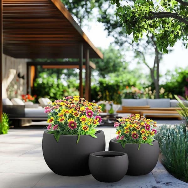11.5 in. 15 in. 19 in. Charcoal Black(Enhanced Core) Concrete Round planter / Pot with drainage holes (Set of 3)