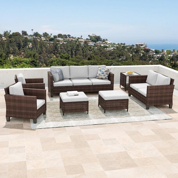 7-Pieces Patio Conversation Set with Loveseat Sofa and Side Table All-Weather Brown Wicker with Linen Gray Cushions