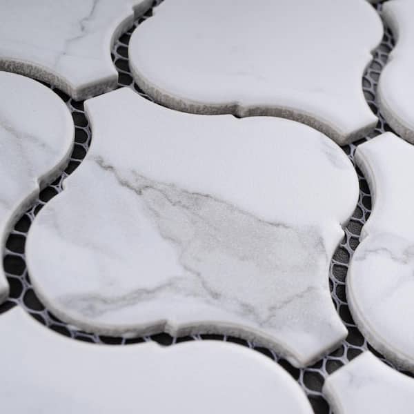 MOLOVO Porcetile White Cararra 9.69 in. x 11.03 in. Arabesque
