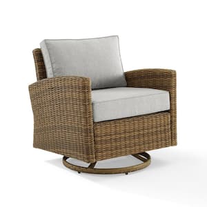 Bradenton Weathered Brown Wicker Outdoor Rocking Chair with Gray Cushions
