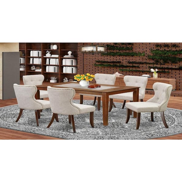 7-Piece Mahogany Finish Solid Wood Top Dining Table with 6 Parson Chairs with Lattice Back