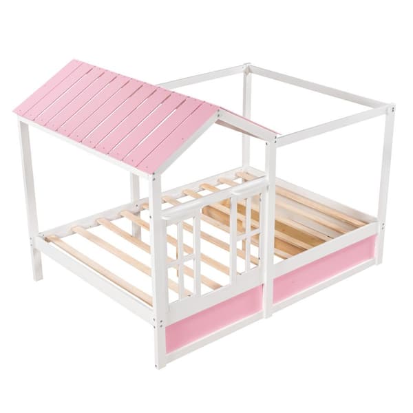 Harper & Bright Designs Pink and White Full Size Wood House Bed with Roof, Window and Drawer