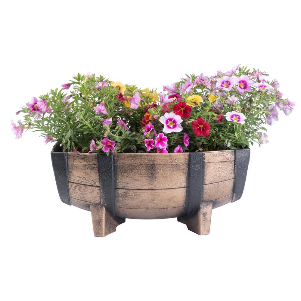 Rustic Brown and Black Plastic Half Barrel Planter Set