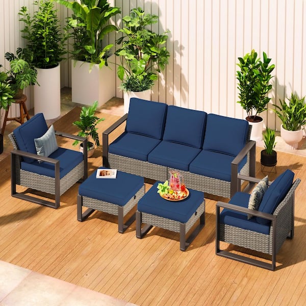 JOYSIDE 5-Piece Wicker Patio Outdoor Conversation Sectional Set with Steel Frame and Dark Blue Cushions