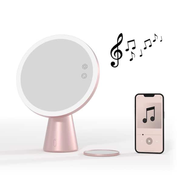 ProMounts 13.38 in. x 9.09 in. x 4.1 in Bluetooth Speaker LED Tabletop HD Magnifying Makeup Beauty Mirror in Rose Gold Finish