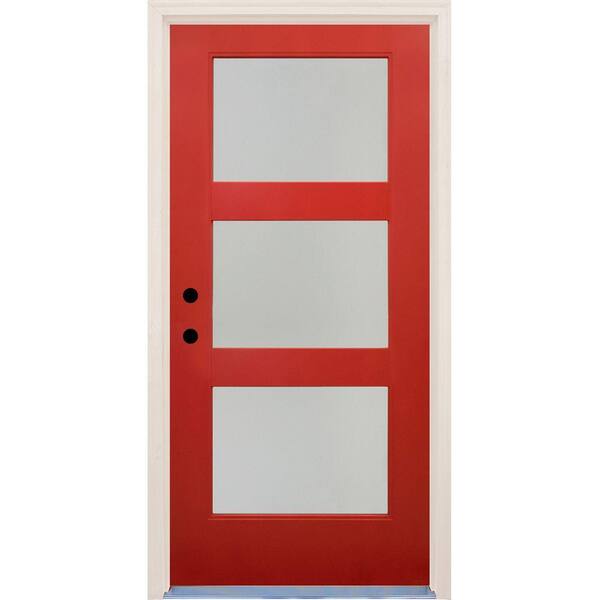 Builders Choice 36 in x 80 in Elite Engine RH 3 Lite Satin Etch Glass Contemporary Painted Fiberglass Prehung Front Door w/ Brickmould