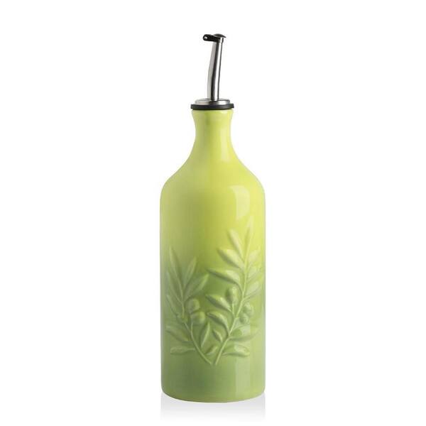 20 oz. Gradient Green Ceramic Olive Oil Dispenser Bottle with Relief Design and Drip-Free Spout