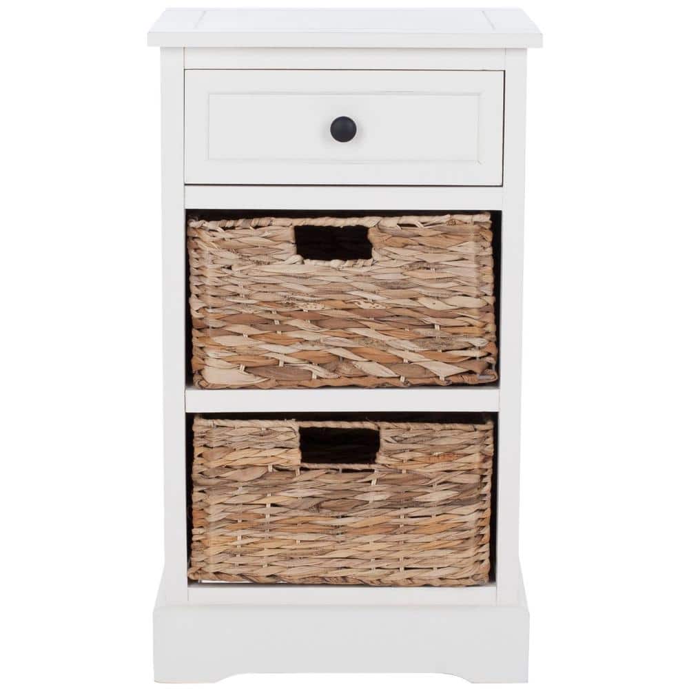 Transitional White Pine Storage Side Table with Wicker Baskets