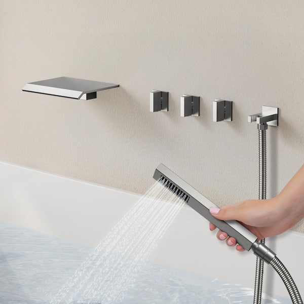 Waterfall 3-Handle 2-Spray Tub and Shower Faucet with Wide Flat Spout Shelf, 3.2 GPM in Brushed Nickel Valve Included