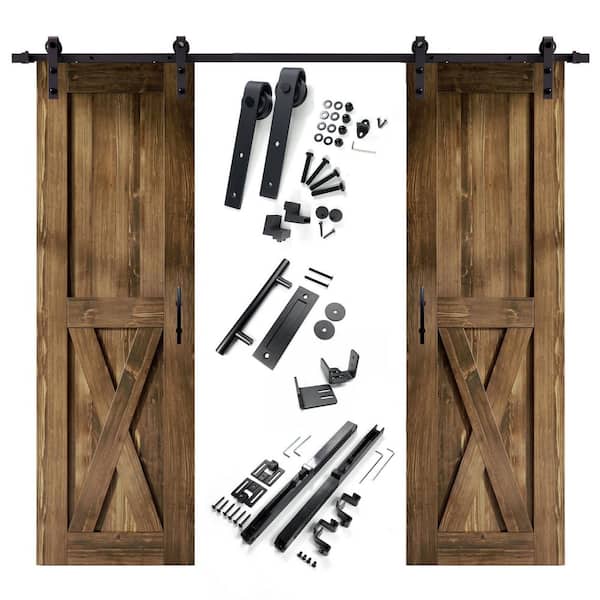 HOMACER 30 in. x 84 in. X-Frame Walnut Double Pine Wood Interior Sliding Barn Door with Hardware Kit Non-Bypass