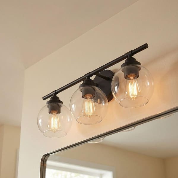 Carson 22.5 in. W x 8.5 in. H 3-Light Matte Black Bathroom Vanity Light with Clear Glass Shades