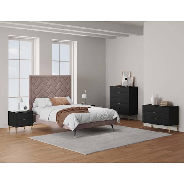 Manhattan Comfort DUMBO Black 2-Drawer Nightstand, 5-Drawer Chest and 3-Drawer 35.19 in. Dresser with SNAP Tool-Free Assembly