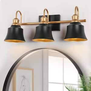 Modern Industrial Bathroom Vanity Light, 22.8 in. 3-Light Black and Gold Vanity Light with Metal Dome Shades