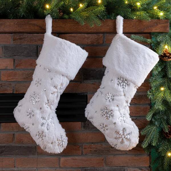 Set of 2 White Christmas Stockings 21" Faux Furry Silver Large Snowflake Xmas 
