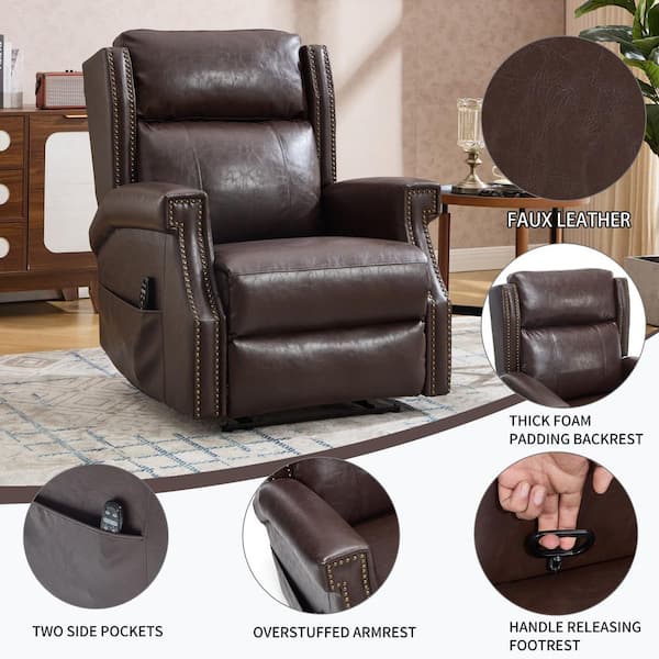 aisword Brown High-End Leather Manual Recliner Chair with Massage and Heat, Nailhead Trim, Side Pocket