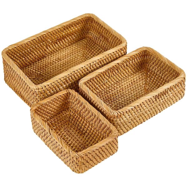 Rectangular Hand-Woven Rattan Storage & Serving Baskets in Natural Brown, Nesting Set
