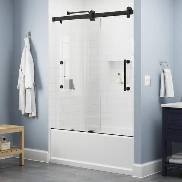 Paxos 51-1/2 to 60 in. W x 62- H Frameless Sliding Bathtub Door in Matte Black with 5/16 in. Clear Glass