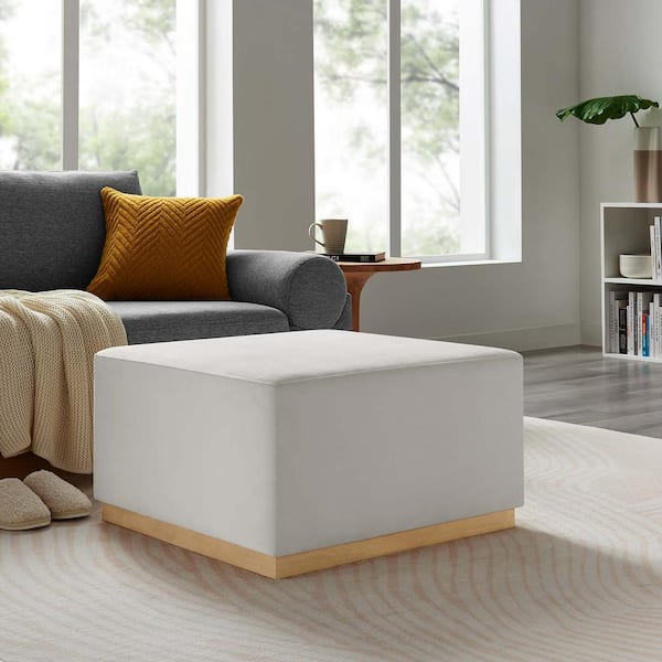 MODWAY Tilden Large 28 in. Alabaster Natural Performance Velvet Upholstered Square Ottoman
