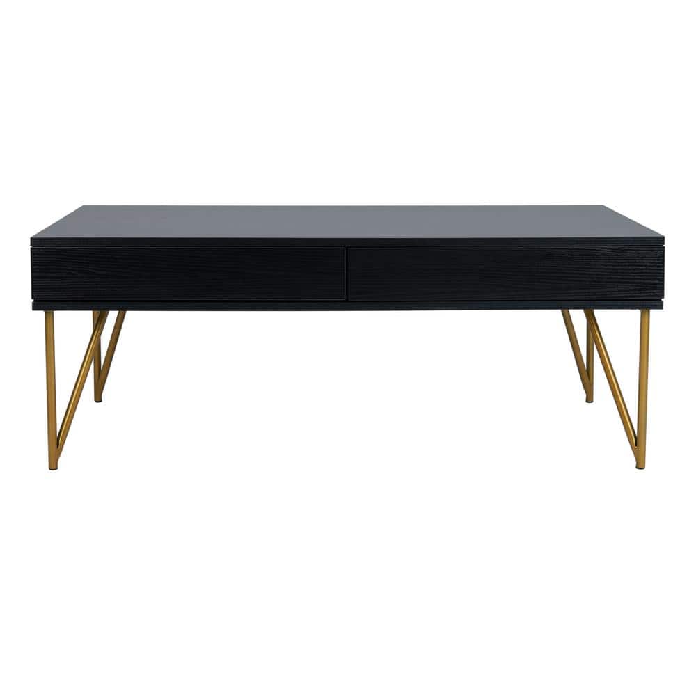 Rectangular Black and Gold Wood Metal Coffee Table with Storage