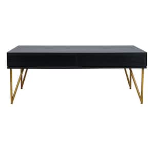 Pine 43.3 in. Black/Gold Rectangle Wood Coffee Table with 2-Drawer