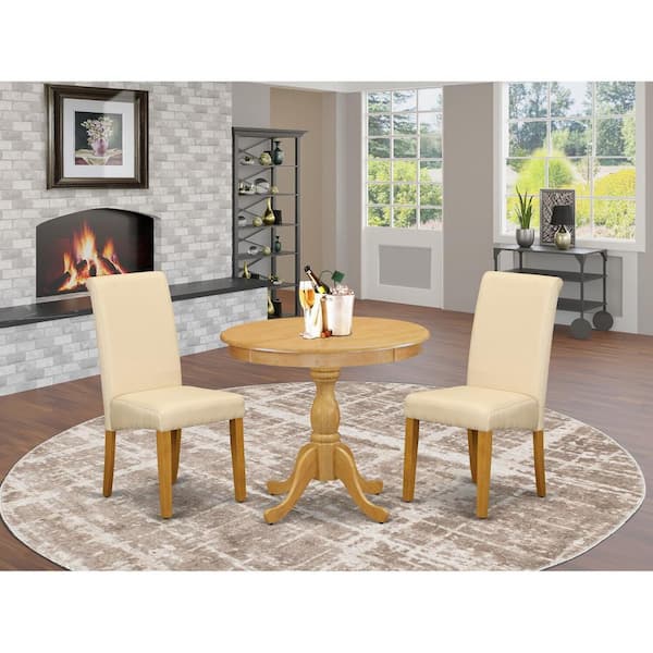 East West Furniture 3-Piece Natural Oak Finish Solid Wood Top - Dining Room Set with High Back - Seats 4