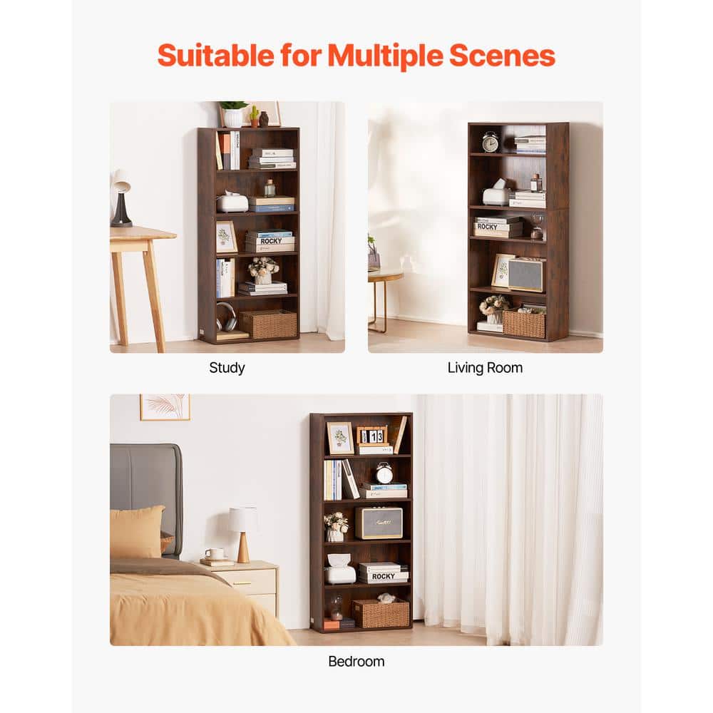 Brown Painted 5-Tier Adjustable Wood Library Bookcase