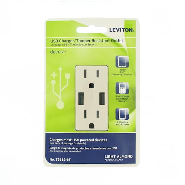 Leviton 3.6A USB Dual Type A In-Wall Charger with 15 Amp Tamper-Resistant  Outlets, Light Almond R08-T5632-0BT - The Home Depot
