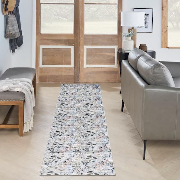 Washables Grey Multicolor 2 ft. x 8 ft. Botanical Traditional Runner Area Rug